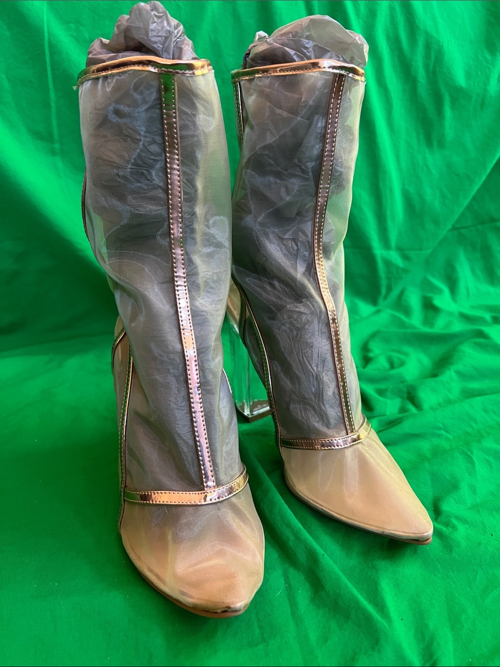 BAMBOO Sheer Nude Mesh Mid-calf High Boots with Rose Gold Trim